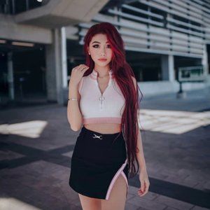 (1864) Lychee Dragonfruit Stripe Detail Belted Black Skirt XL Check Sizing Chart